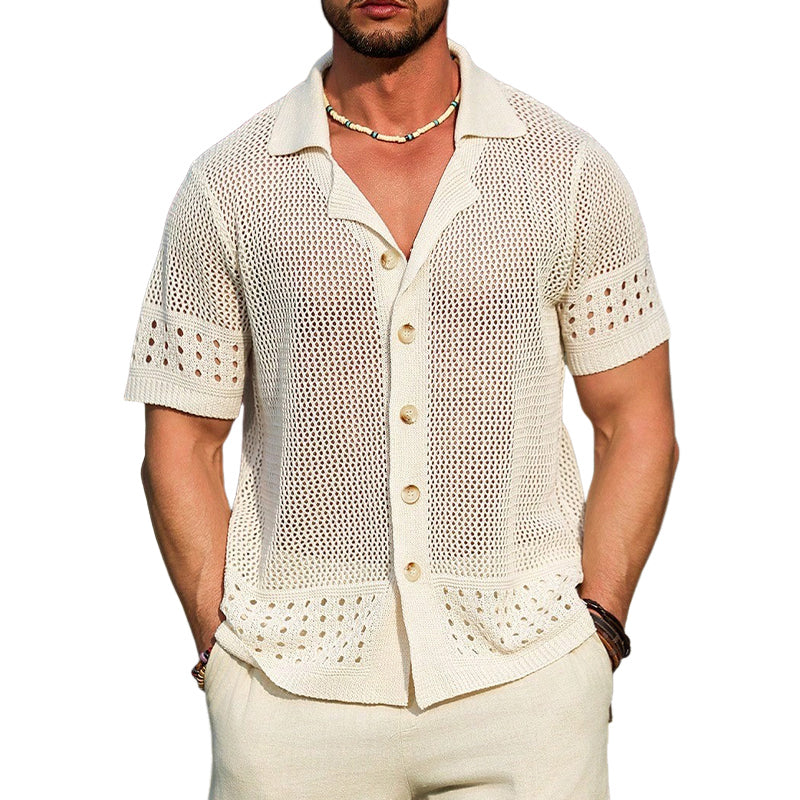Men's Vacation Textured Lapel Short Sleeve Knit Shirt ASW2300D1X