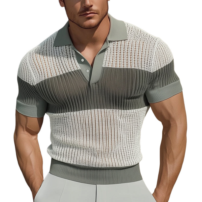 Men's Summer Business Colorblock Knitted Mesh Polo Neck T-Shirt ASW2332D8U