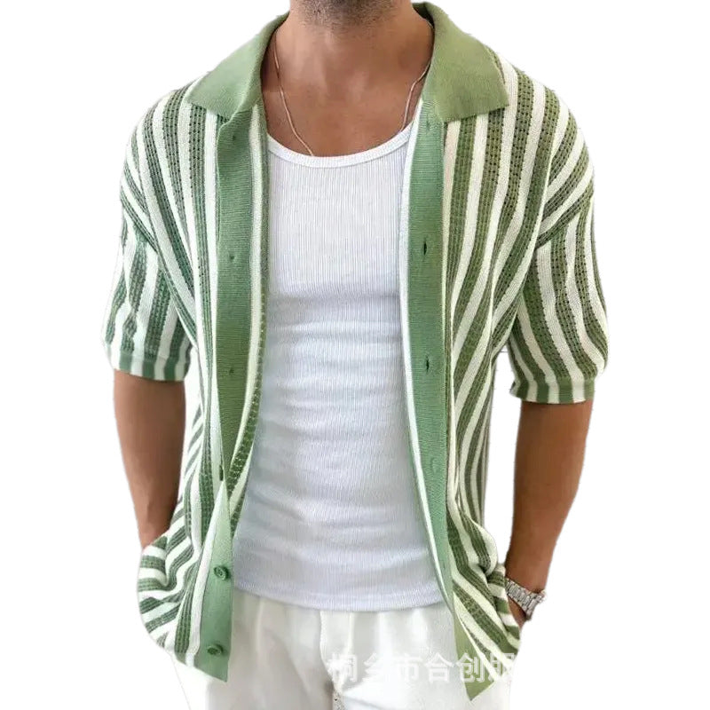 Men's Summer Casual Striped Knitted Short Sleeve Shirt ASW2334D8X