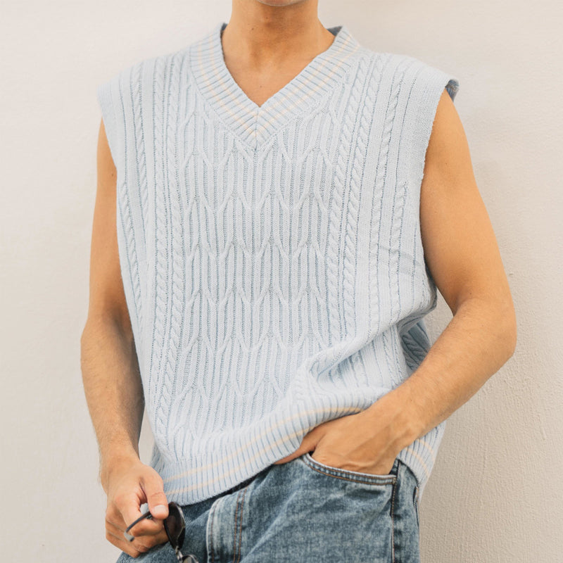 Men's Casual Cable Knitted V-Neck Vest ASW2334D0X