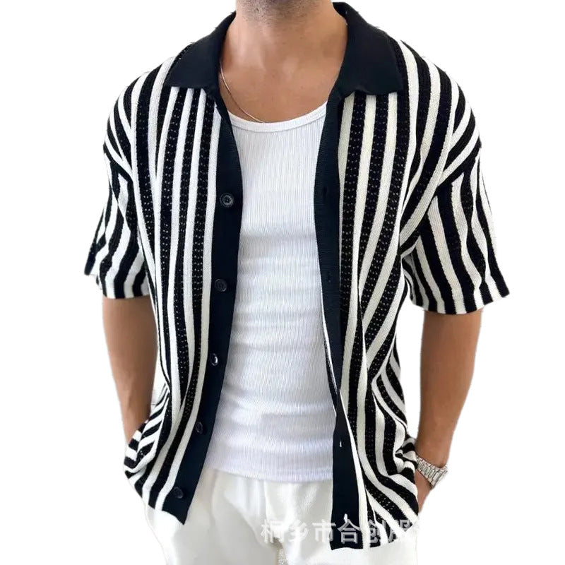 Men's Summer Casual Striped Knitted Short Sleeve Shirt ASW2334D8X