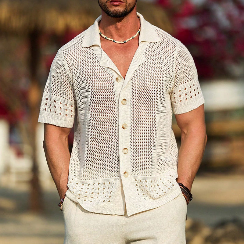 Men's Vacation Textured Lapel Short Sleeve Knit Shirt ASW2300D1X