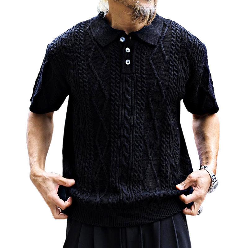 Men's Retro Casual Solid Color Knitted Short-Sleeved Polo Shirt ASW2239D5TO