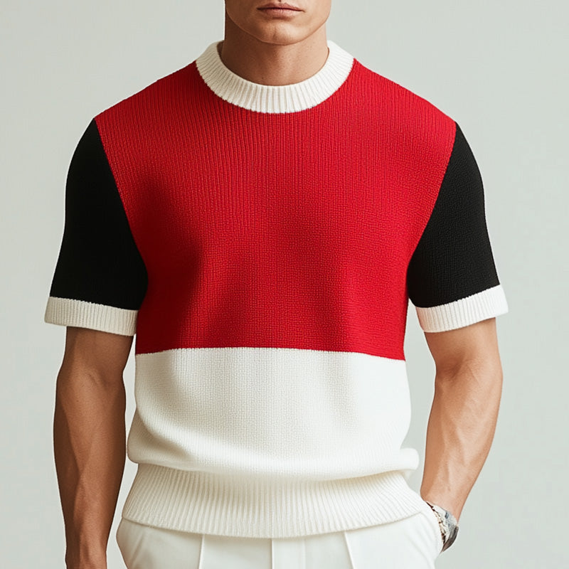 Men's Summer Contrast Color Thin Knitted Breathable Short-Sleeved T-Shirt ASW2562D0P