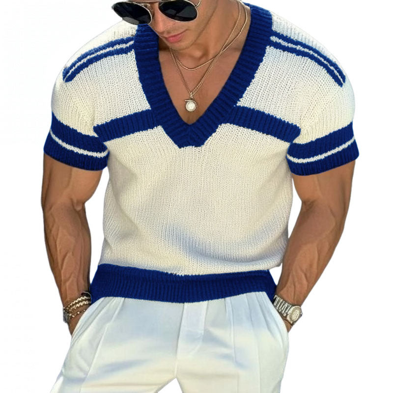Men's Casual V-neck Striped Jacquard Slim Fit Knitted Short-sleeved Sweater T-Shirt 