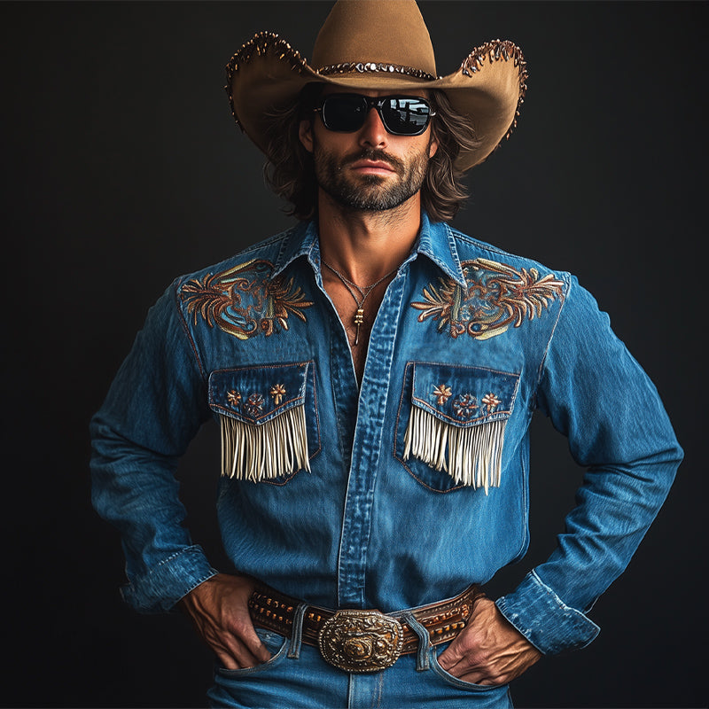 Men's Vintage Dark Blue Embroidered Tassel Western Denim Shirt 