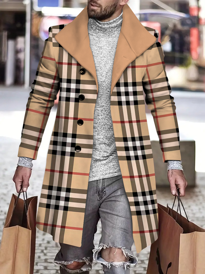 Men's fashion geometric print mid-length coat