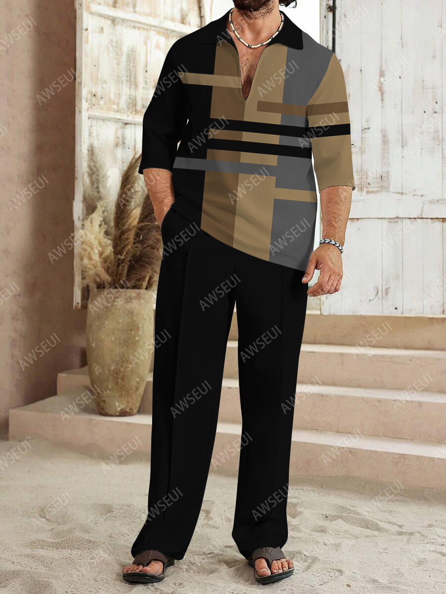 Men's fashion casual color matching print sleeve V-neck two-piece set