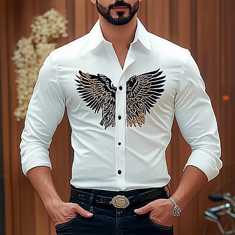 Men's Vintage Eagle Embroidery Cotton Slim Fit Long Sleeve Shirt