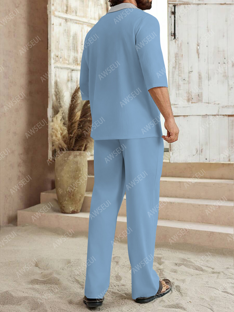 Men's fashion casual color matching print sleeve V-neck two-piece set
