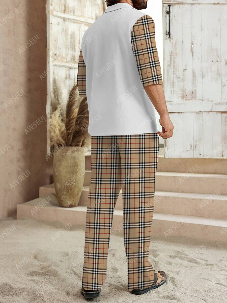 Men's fashion casual color matching print sleeve V-neck two-piece set