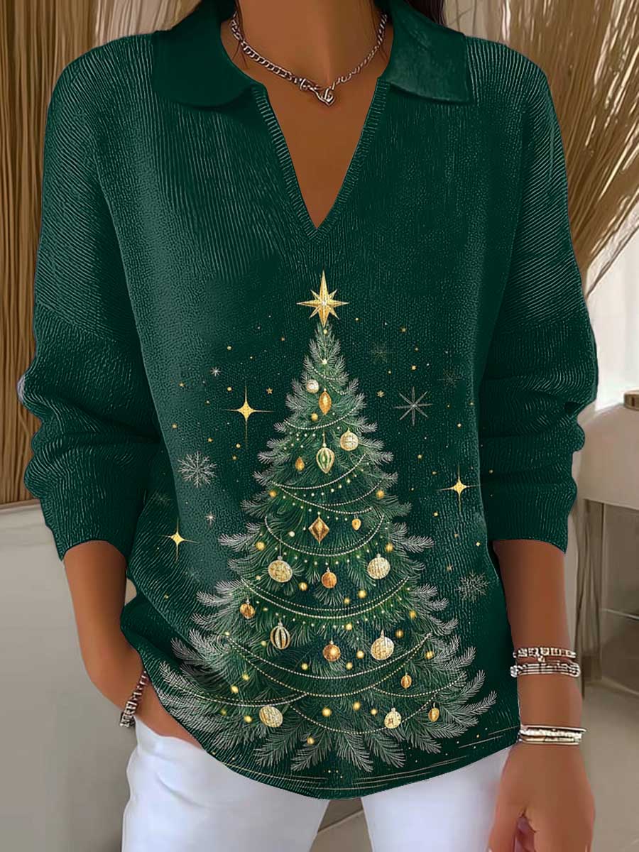 Women's Christmas Print Lapel Long Sleeve Knitted Pullover Sweater