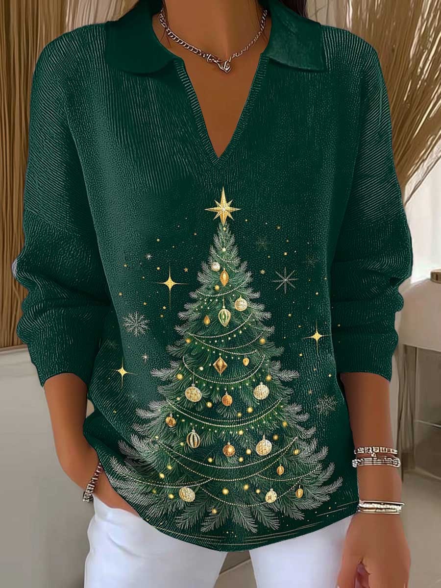 Women's Christmas Print Lapel Long Sleeve Knitted Pullover Sweater