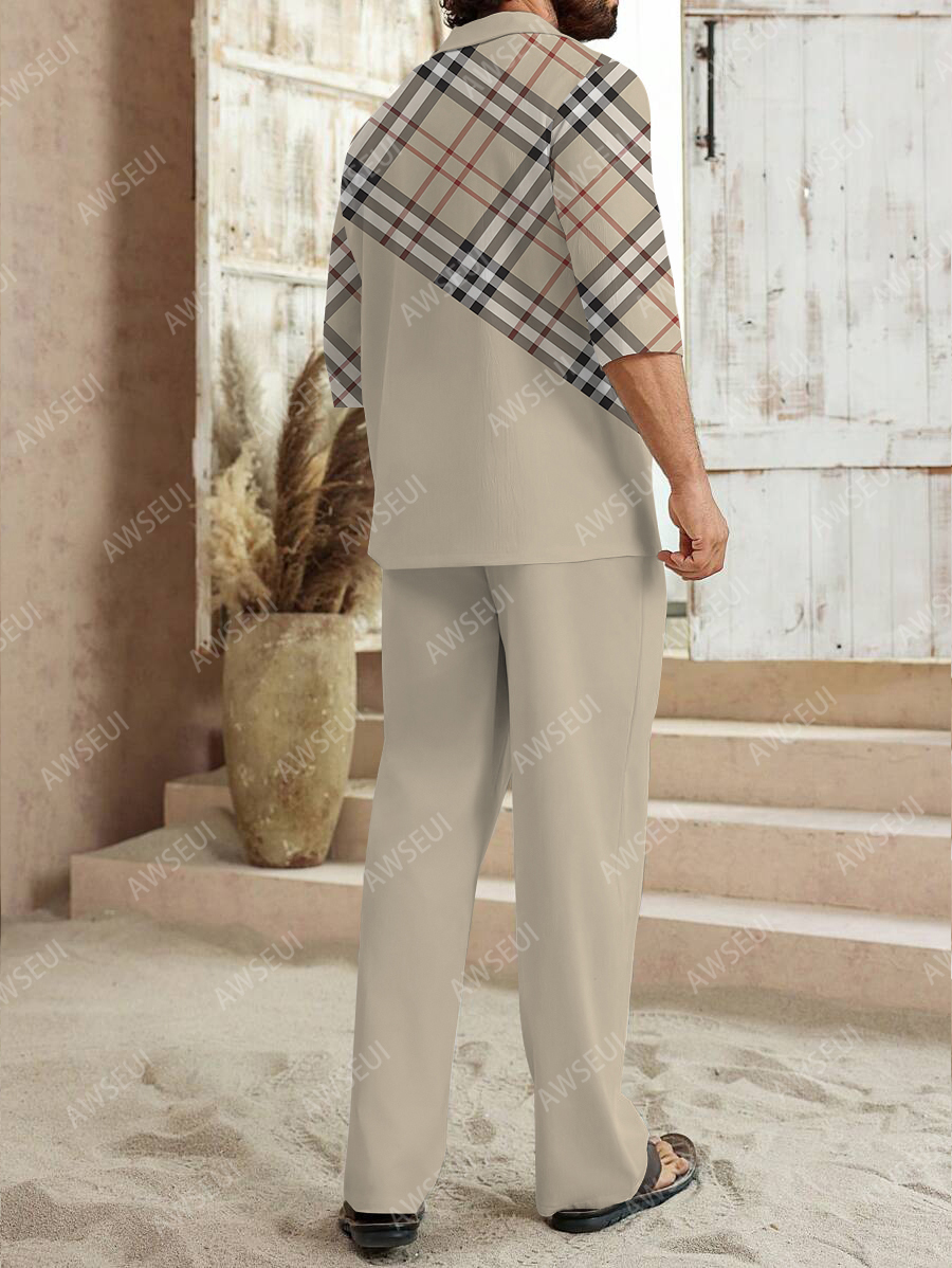 Men's fashion casual color matching print sleeve V-neck two-piece set