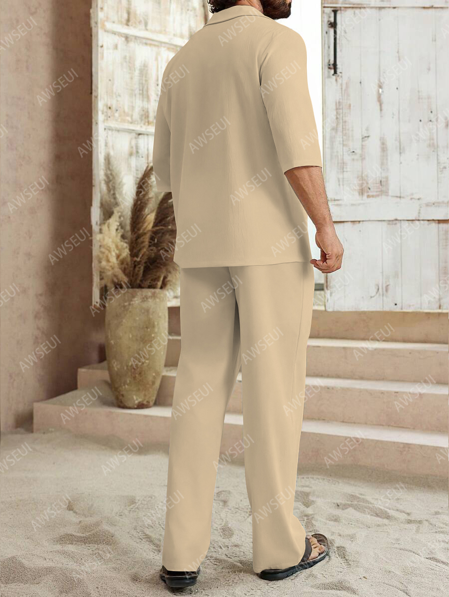 Men's fashion casual color matching print sleeve V-neck two-piece set