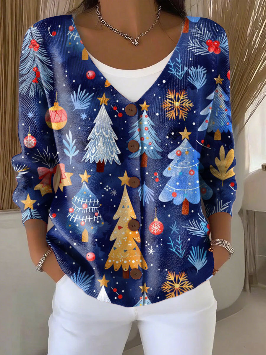 Christmas Christmas Tree Pattern Art Print Buttoned V-neck Cardigan Sw