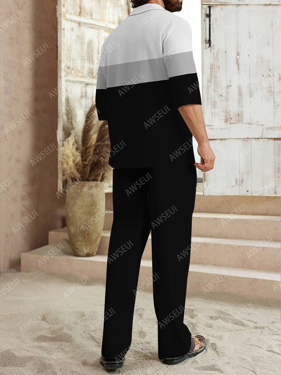 Men's fashion casual color matching print sleeve V-neck two-piece set