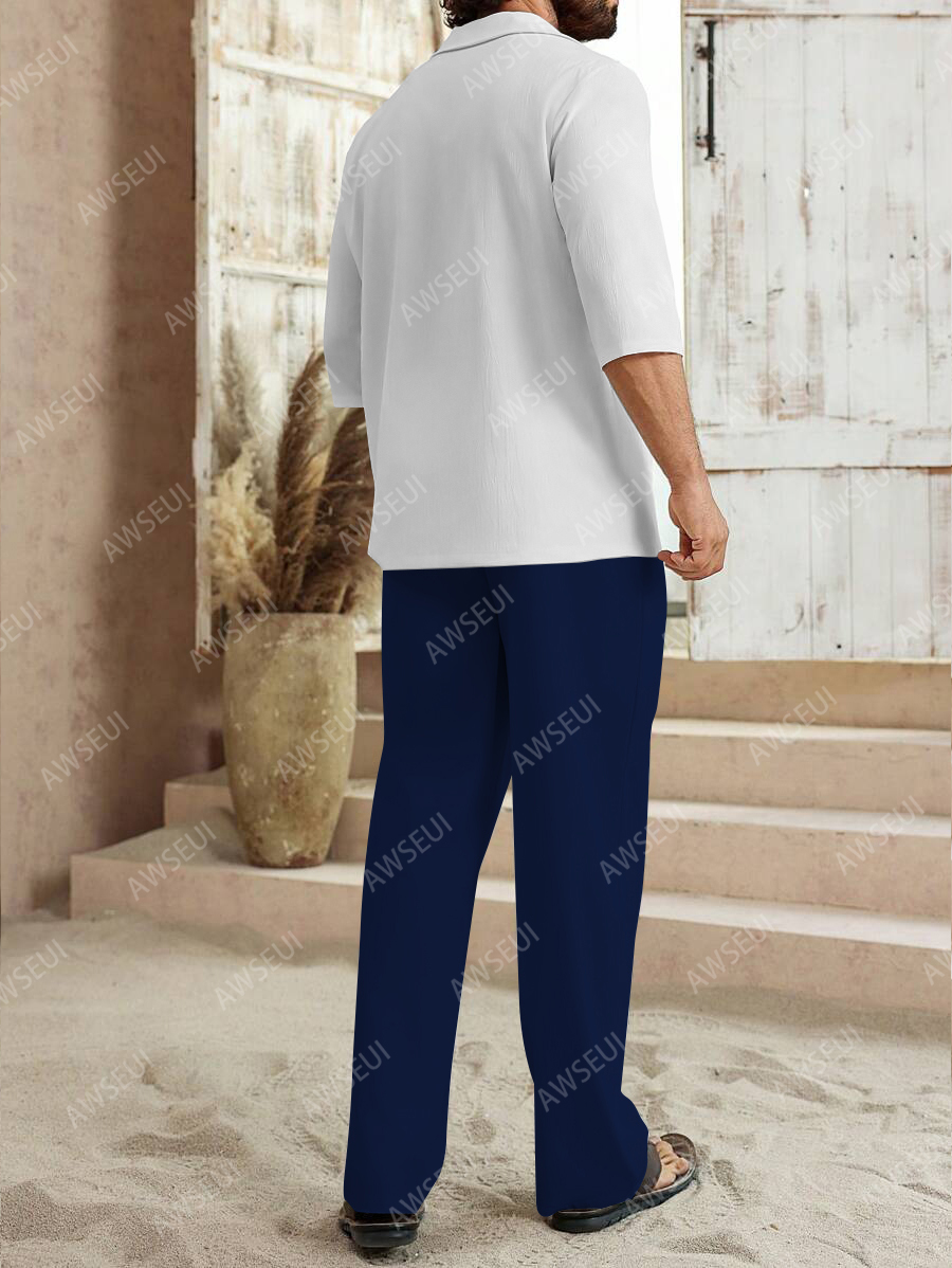 Men's fashion casual color matching print sleeve V-neck two-piece set