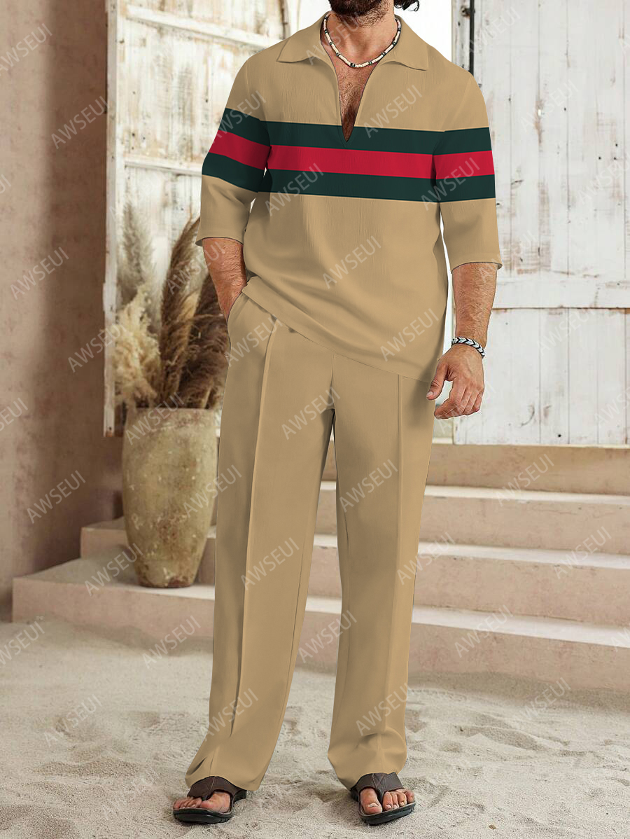 Men's fashion casual color matching print sleeve V-neck two-piece set