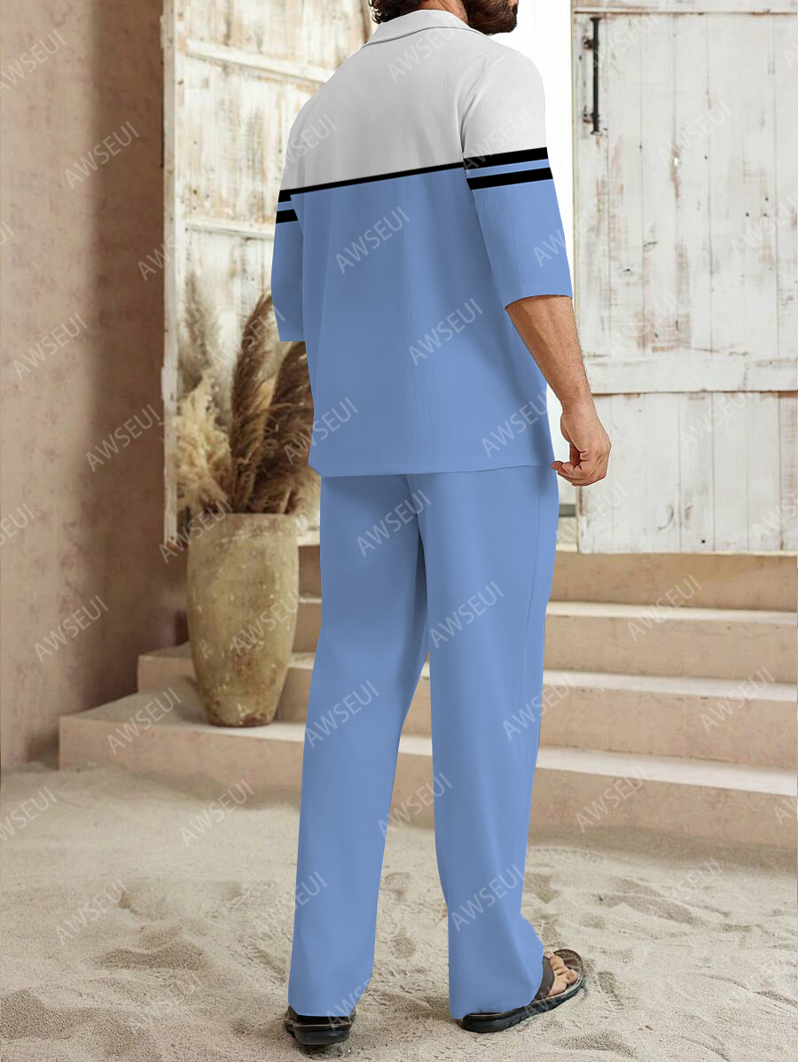 Men's fashion casual color matching print sleeve V-neck two-piece set