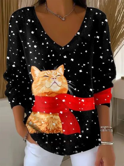 Women's Retro Christmas Cat  Art Print V-neck  Loose  Sweater