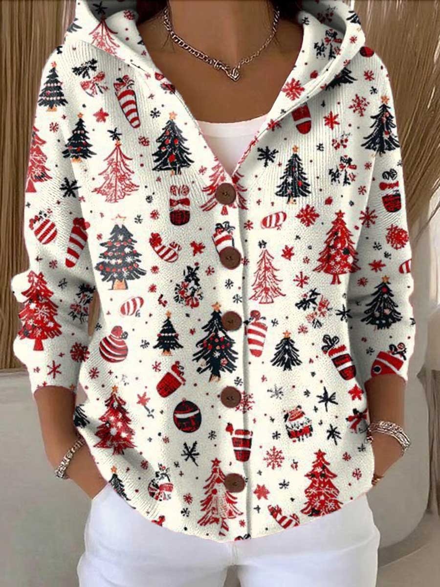 Women's Christmas Tree Art Print Buttoned Cardigan Sweater
