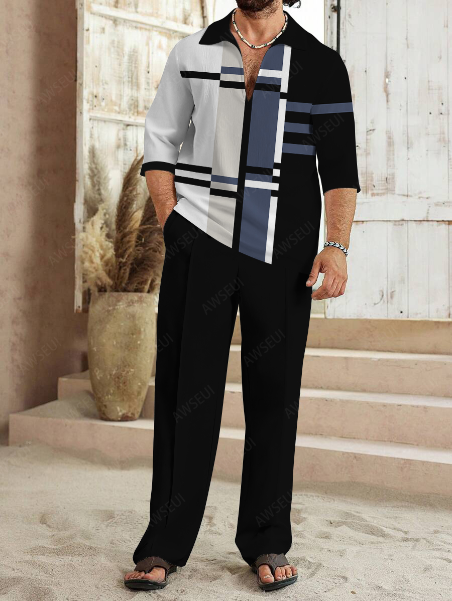 Men's fashion casual color matching print sleeve V-neck two-piece set