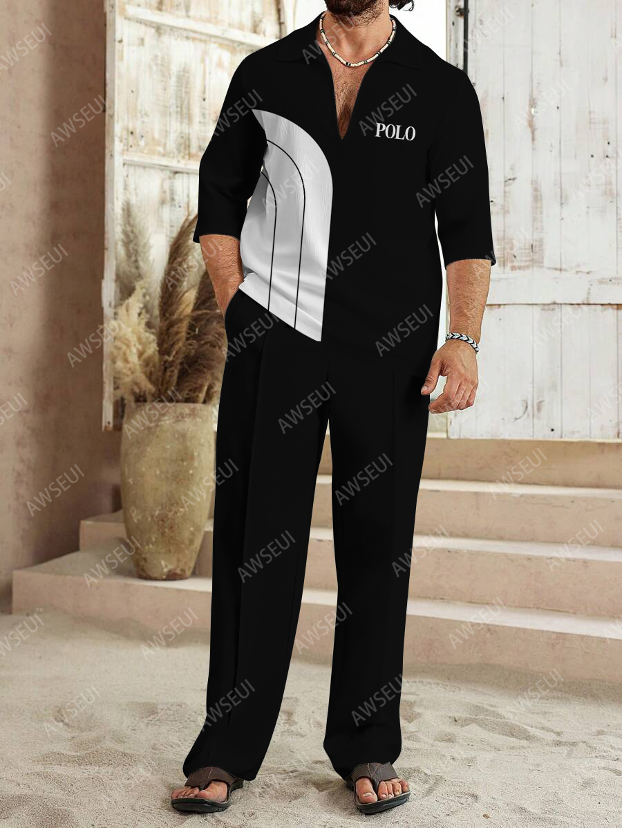 Men's fashion casual color matching print sleeve V-neck two-piece set
