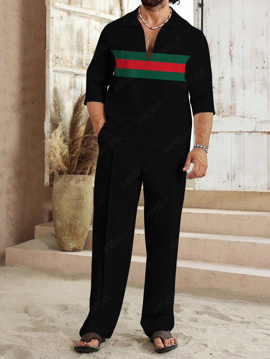 Men's fashion casual color matching print sleeve V-neck two-piece set