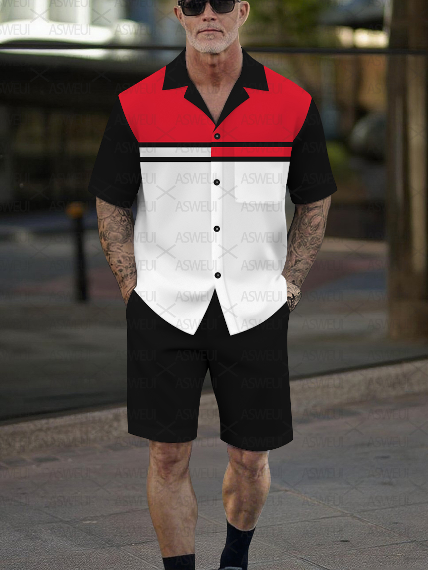 Men's Fashion Casual Geometric Print Short-Sleeved Shirt Set