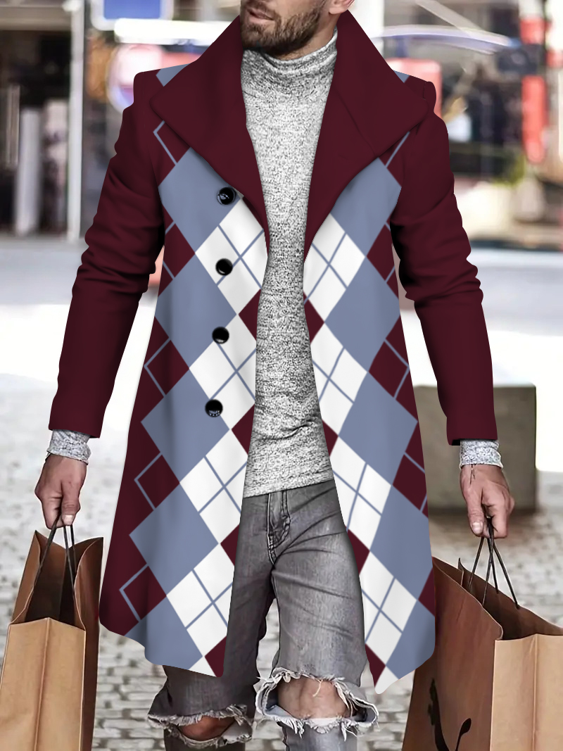 Men's fashion geometric print mid-length coat