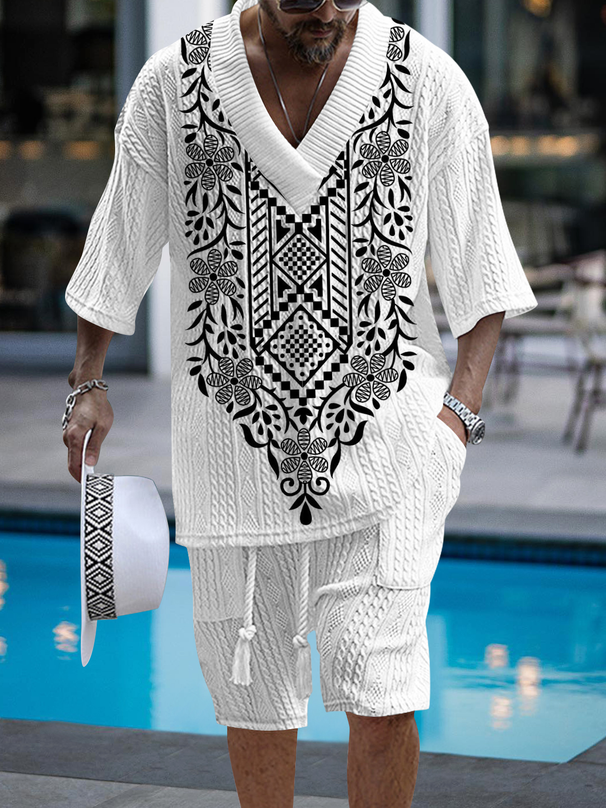 Men's fashion V-neck luxury texture printed short-sleeve suit – asweui
