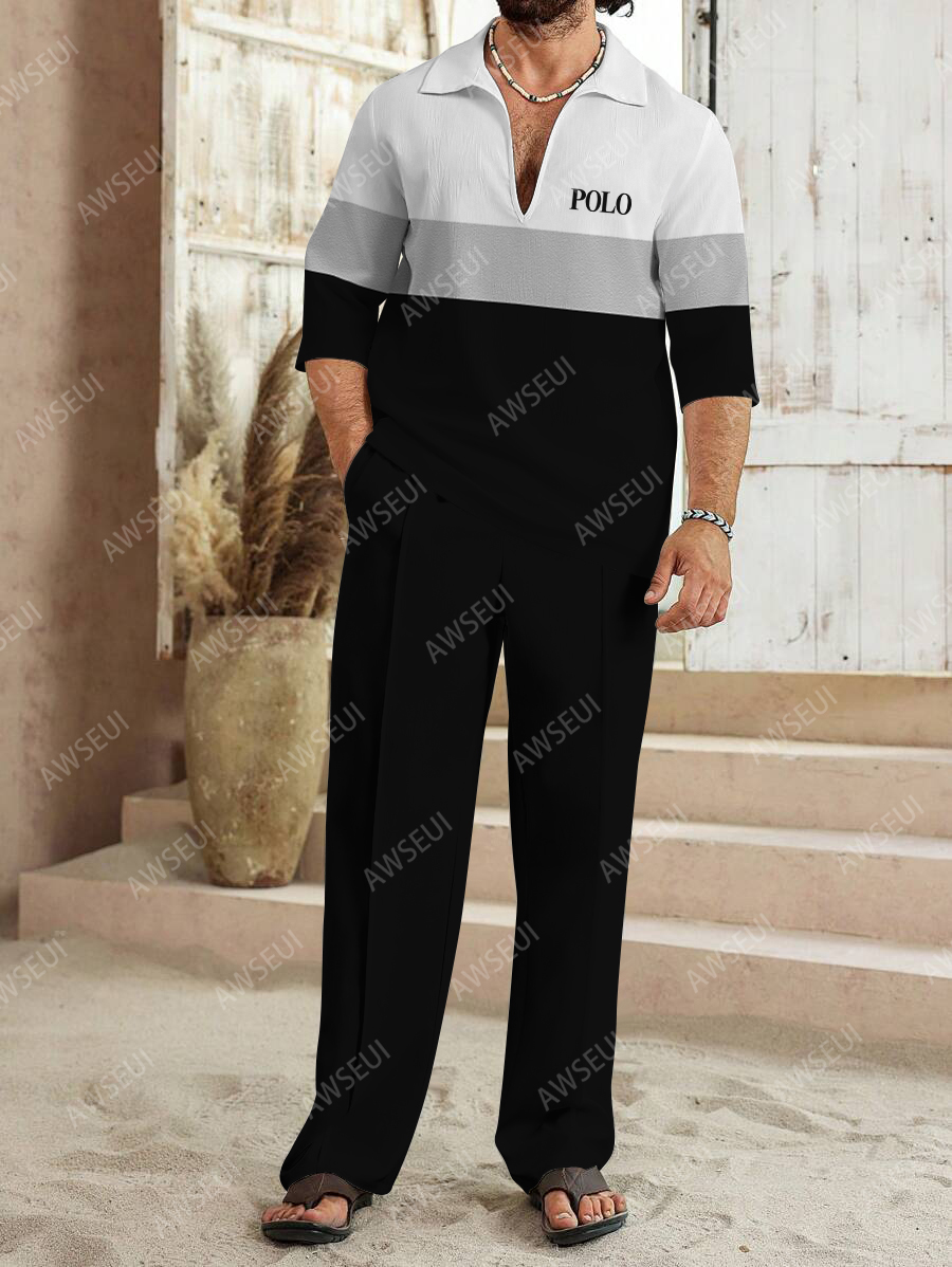 Men's fashion casual color matching print sleeve V-neck two-piece set