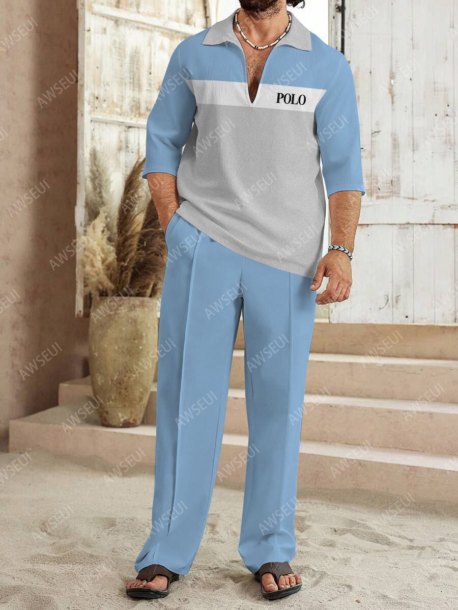Men's fashion casual color matching print sleeve V-neck two-piece set