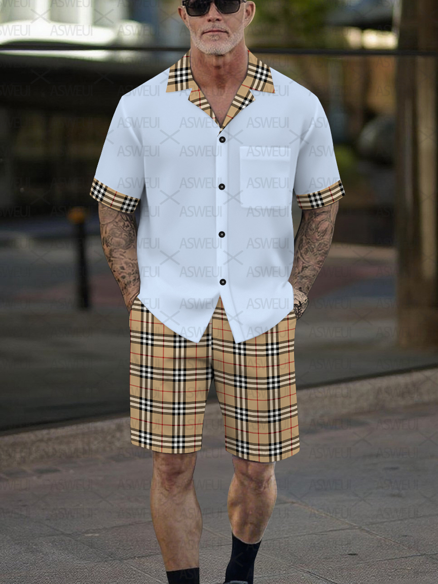 Men's Fashion Casual Geometric Print Short-Sleeved Shirt Set