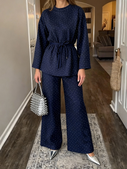 Women's fashionable casual polka dot print long sleeved two piece set