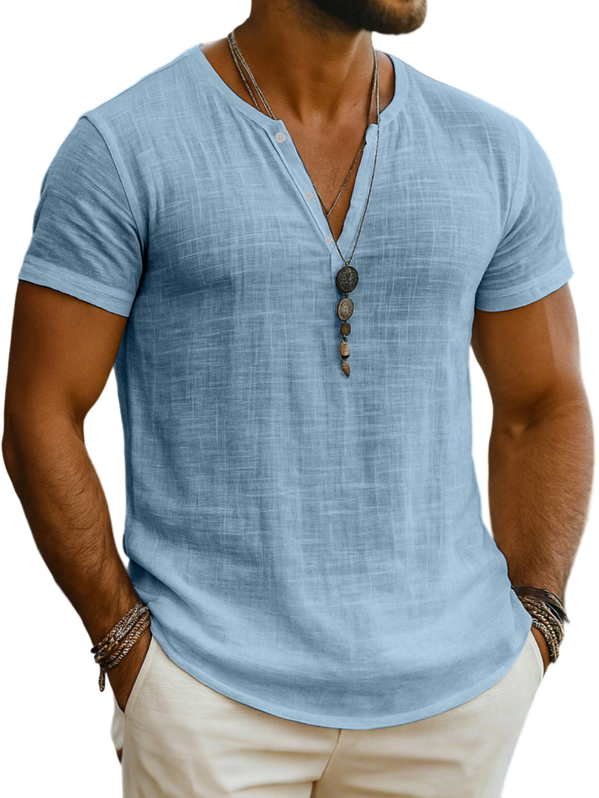 Men's Everyday Solid Color Loose Breathable Short-sleeved Henley Shirt