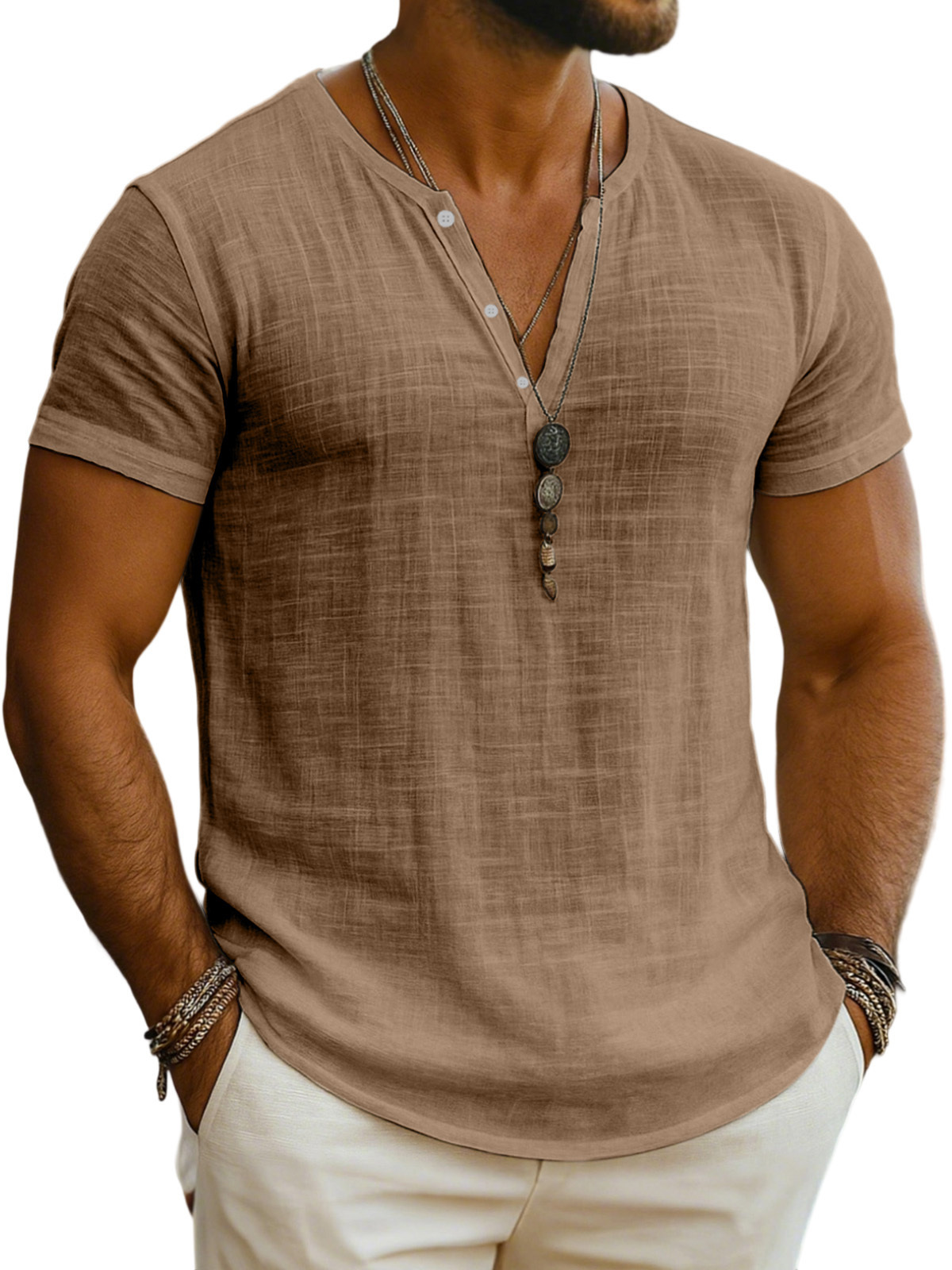 Men's Everyday Solid Color Loose Breathable Short-sleeved Henley Shirt