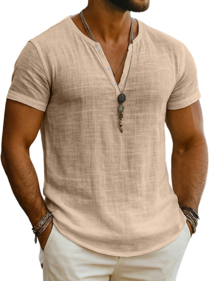 Men's Everyday Solid Color Loose Breathable Short-sleeved Henley Shirt
