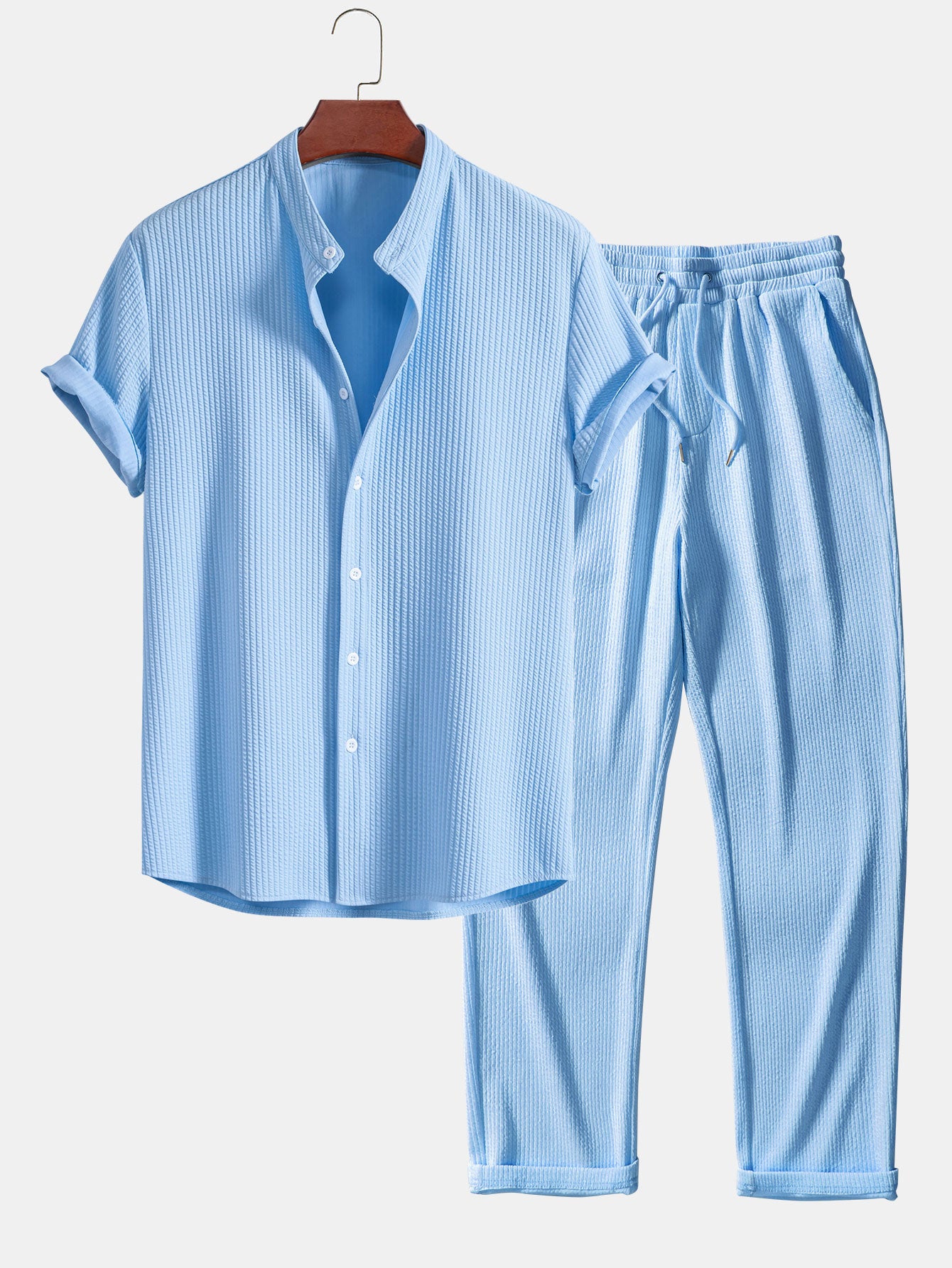 Muscle Fit Ribbed Stand Collar Shirt & Straight Leg Ribbed Pants