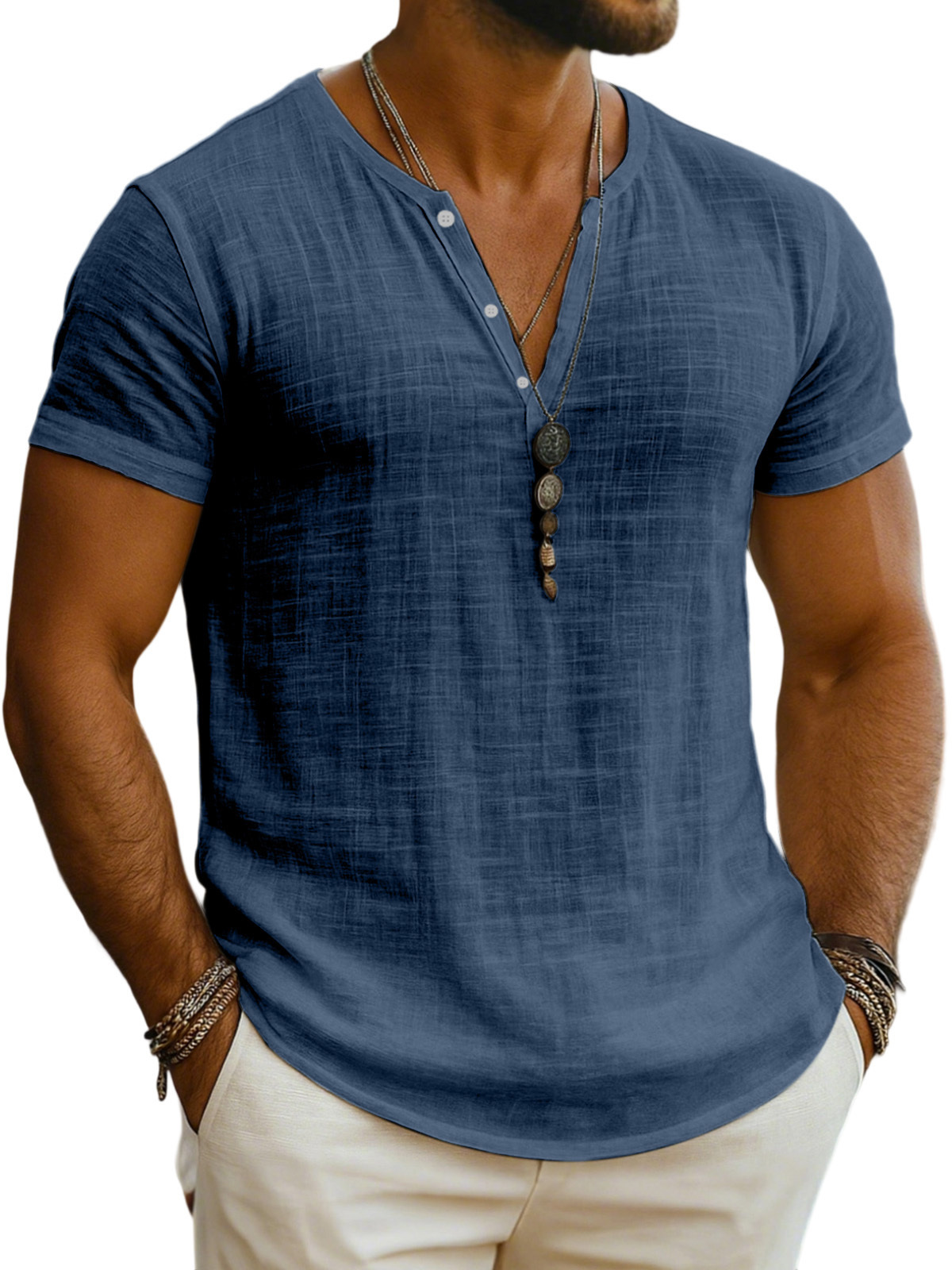 Men's Everyday Solid Color Loose Breathable Short-sleeved Henley Shirt