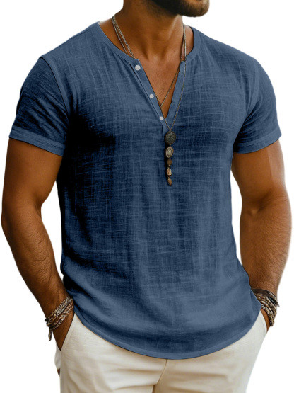 Men's Everyday Solid Color Loose Breathable Short-sleeved Henley Shirt