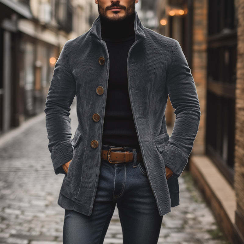 Men's Vintage Corduroy Stand Collar Single Breasted Slim Short Coat 