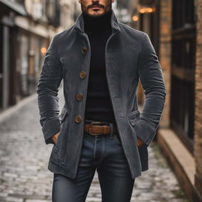 Men's Vintage Corduroy Stand Collar Single Breasted Slim Short Coat 