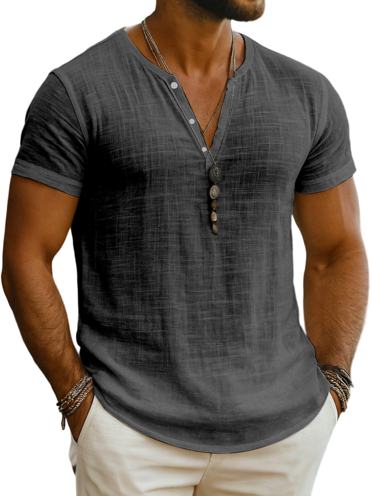 Men's Everyday Solid Color Loose Breathable Short-sleeved Henley Shirt