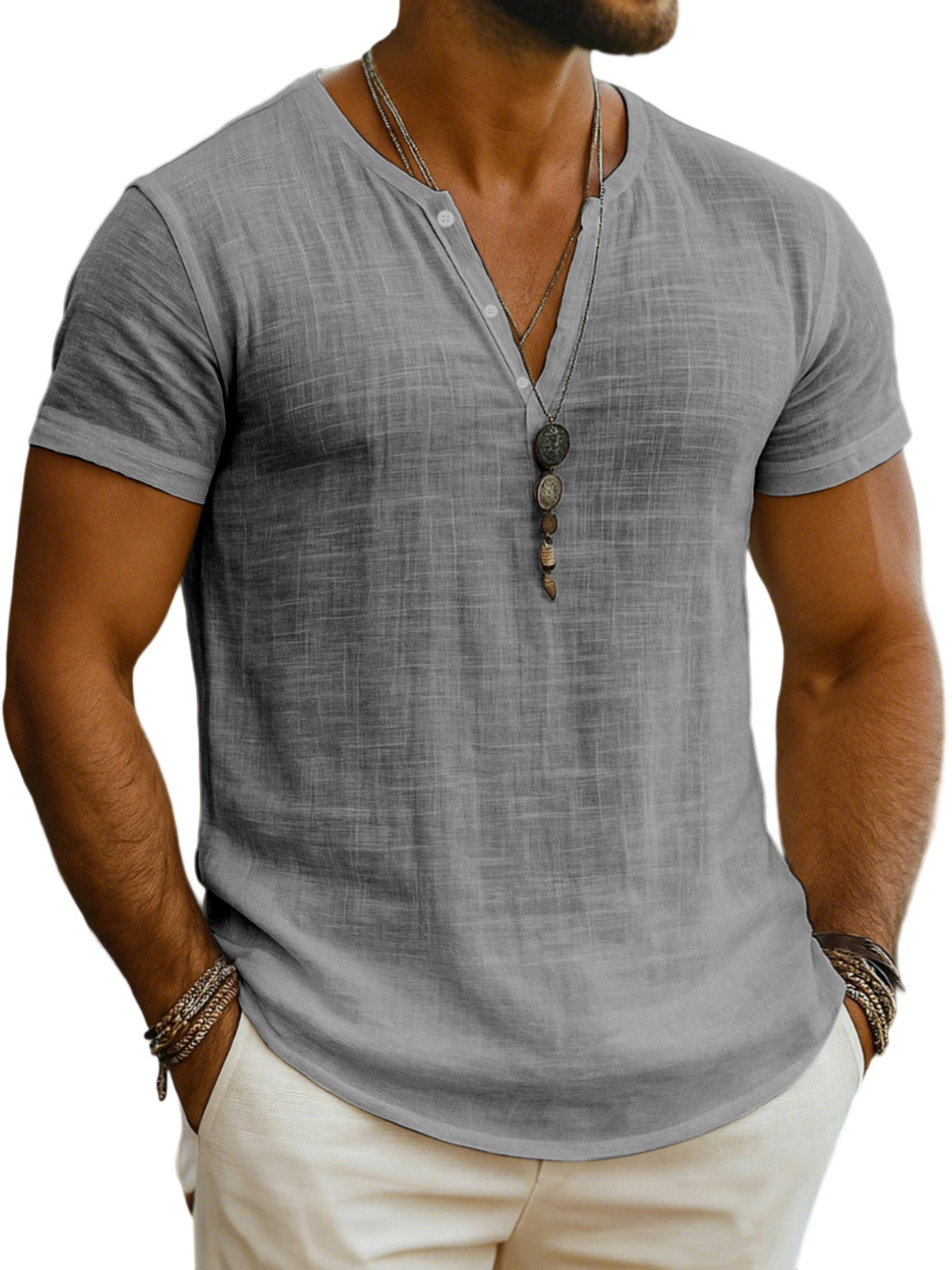 Men's Everyday Solid Color Loose Breathable Short-sleeved Henley Shirt