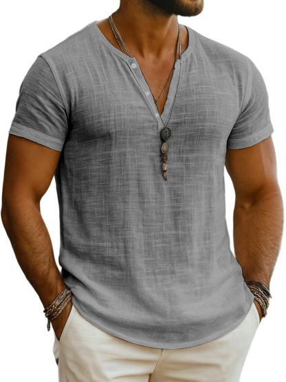 Men's Everyday Solid Color Loose Breathable Short-sleeved Henley Shirt