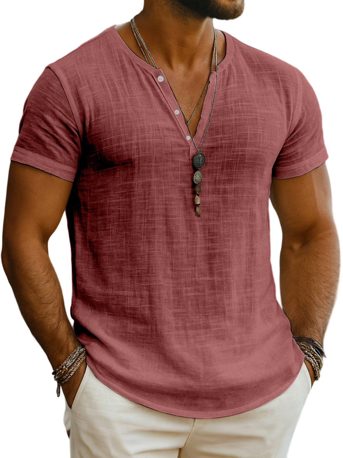 Men's Everyday Solid Color Loose Breathable Short-sleeved Henley Shirt
