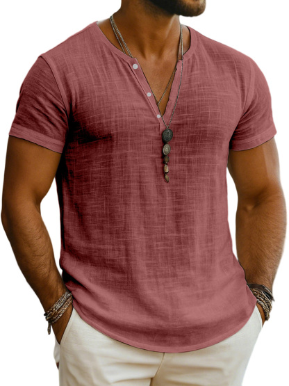 Men's Everyday Solid Color Loose Breathable Short-sleeved Henley Shirt
