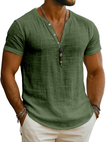 Men's Everyday Solid Color Loose Breathable Short-sleeved Henley Shirt